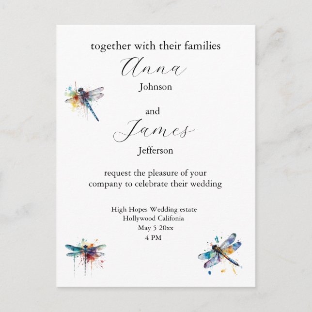 Tarjeta postal de invitación de boda con libélula (Anverso)