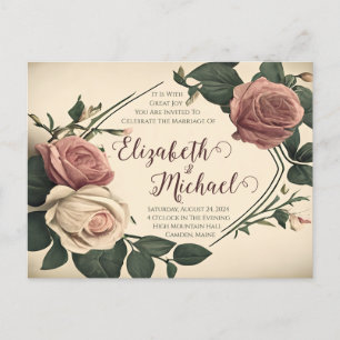Tarjeta postal de invitación de boda con rosa vint