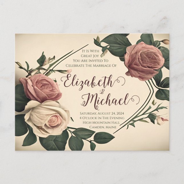 Tarjeta postal de invitación de boda con rosa vint (Anverso)