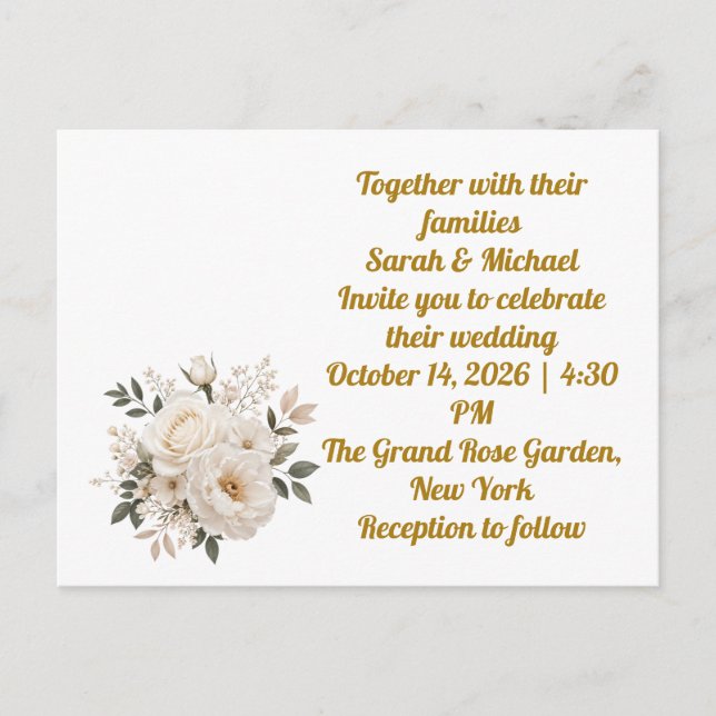 Tarjeta postal de invitación de boda de rosas blan (Anverso)