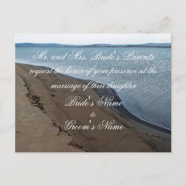 Tarjeta postal de invitación de boda en la playa. (Anverso)