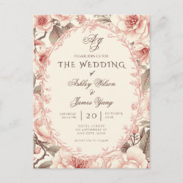 Tarjeta postal de invitación de boda floral rosa e