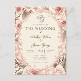 Tarjeta postal de invitación de boda floral rosa e
