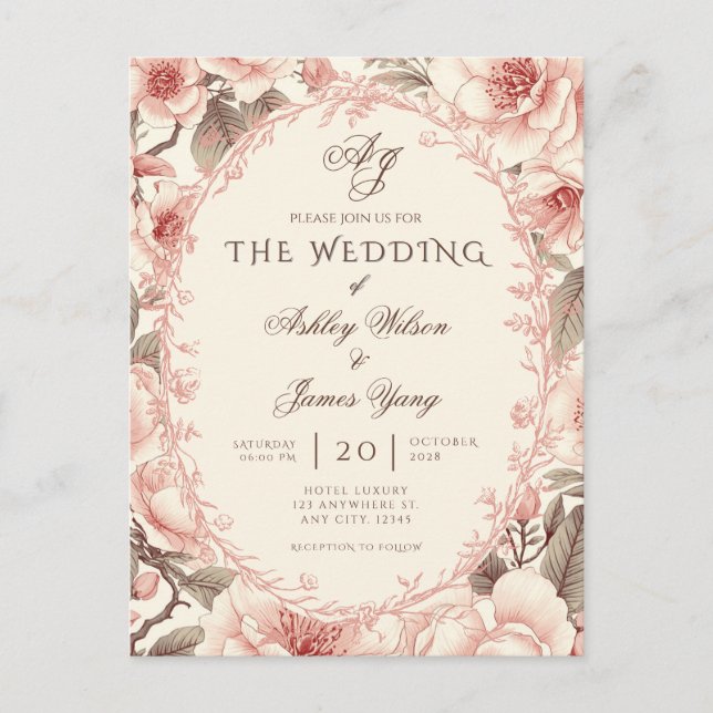 Tarjeta postal de invitación de boda floral rosa e (Anverso)