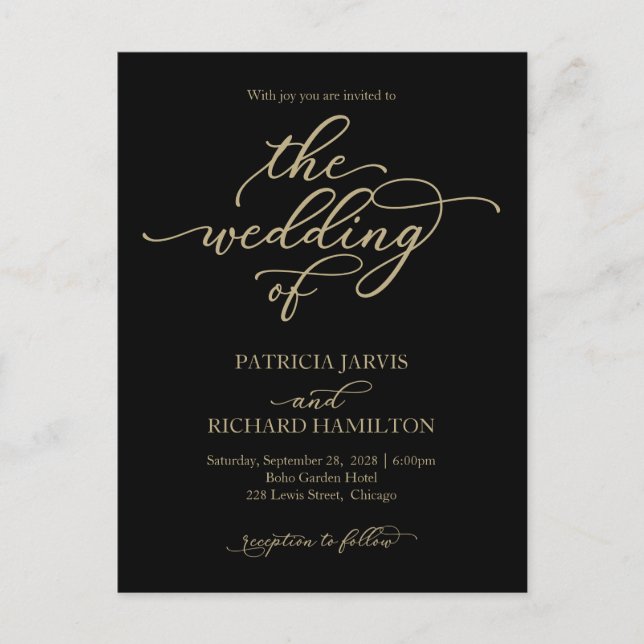 Tarjeta postal de invitación de boda negra con cal (Anverso)
