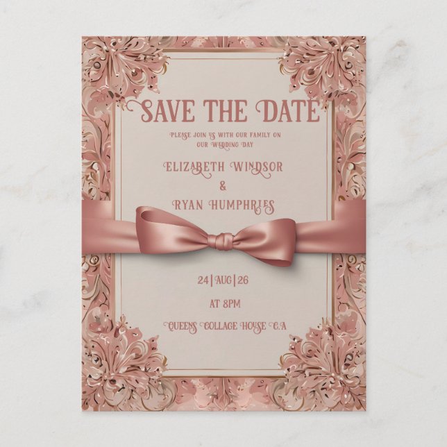 Tarjeta postal de invitación de boda rosa (Anverso)