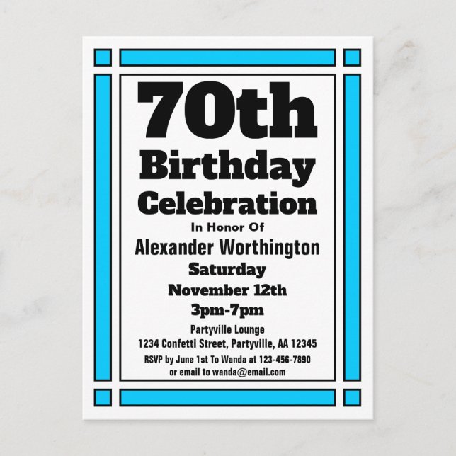 Tarjeta postal de invitación de cumpleaños 70 azul (Anverso)