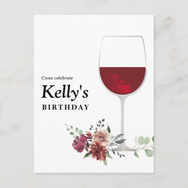 tarjeta postal de invitación de cumpleaños de vino (Anverso)