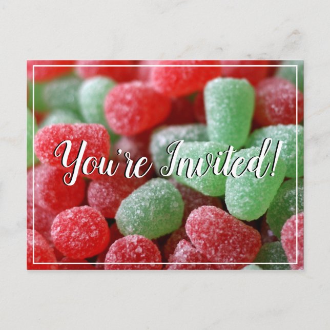 Tarjeta postal de invitación de gotas rojas y verd (Anverso)