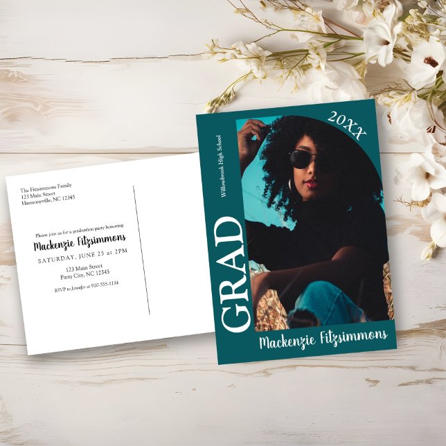 Tarjeta Postal de Invitación de Graduación con Fot (Teal Green Retro Photo Graduation Invitation Postcard)
