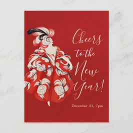 Tarjeta postal de invitación de Nochevieja en rojo
