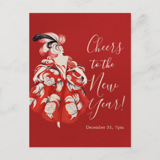 Tarjeta postal de invitación de Nochevieja en rojo