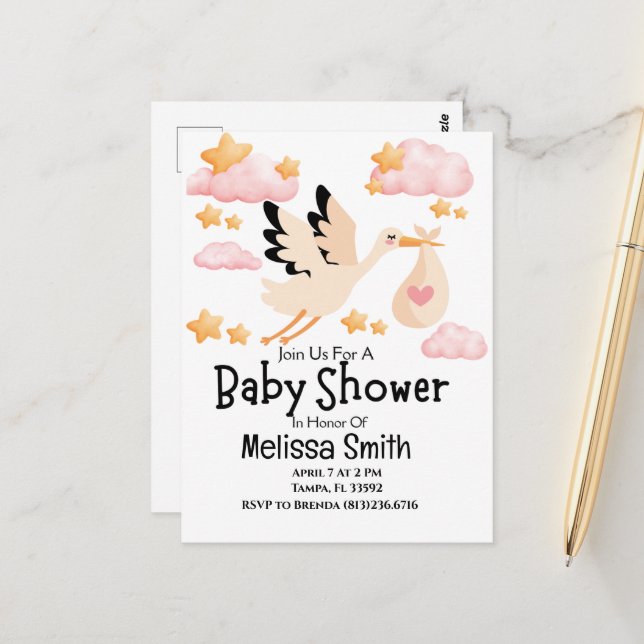 Tarjeta postal de invitación para bebe y cigüeña d (Anverso/Reverso In Situ)