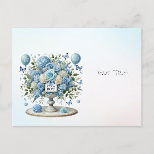 Tarjeta postal de jarrón floral blanco azul