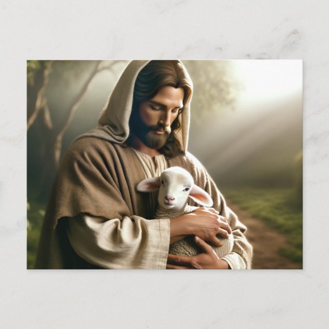 TARJETA POSTAL DE JESÚS Y CORDERO BUEN PASTOR (Anverso)