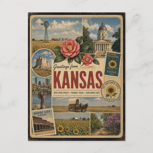 Tarjeta postal de Kansas con estilo vintage autént (Anverso)