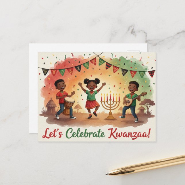 Tarjeta postal de Kinara de Kwanzaa feliz (Anverso/Reverso In Situ)