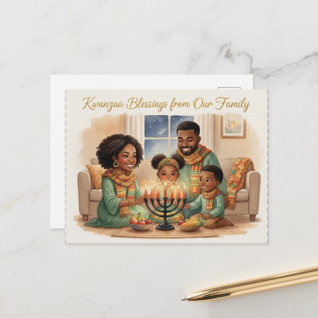Tarjeta postal de Kinara de Kwanzaa feliz (Anverso/Reverso In Situ)