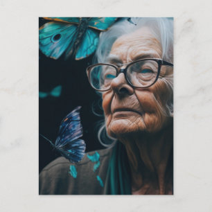 Tarjeta postal de la anciana con mariposas azules