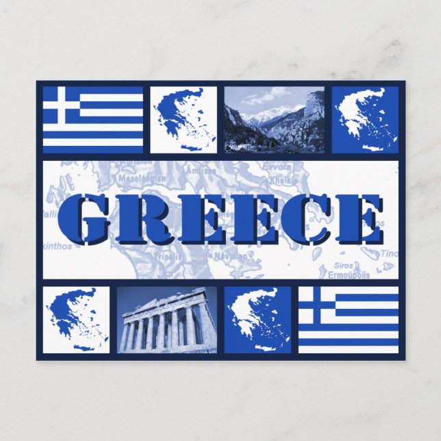 Tarjeta postal de la bandera y el mapa de Grecia (Anverso)