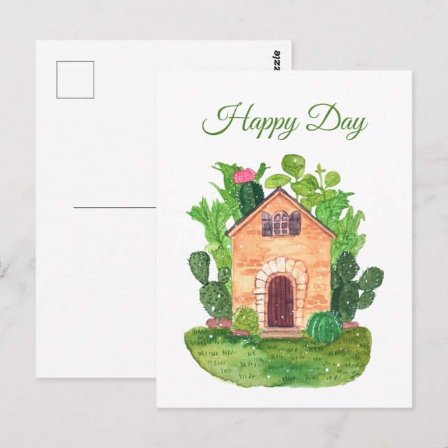 Tarjeta postal de la casa de cactus acuarela (Anverso / Reverso)