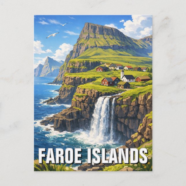 Tarjeta postal de la cascada de las Islas Feroe (Anverso)