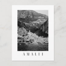 Tarjeta postal de la ciudad de Amalfi en blanco y