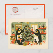 Tarjeta postal de la familia de pingüinos decorand