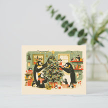 Tarjeta postal de la familia de pingüinos decorand