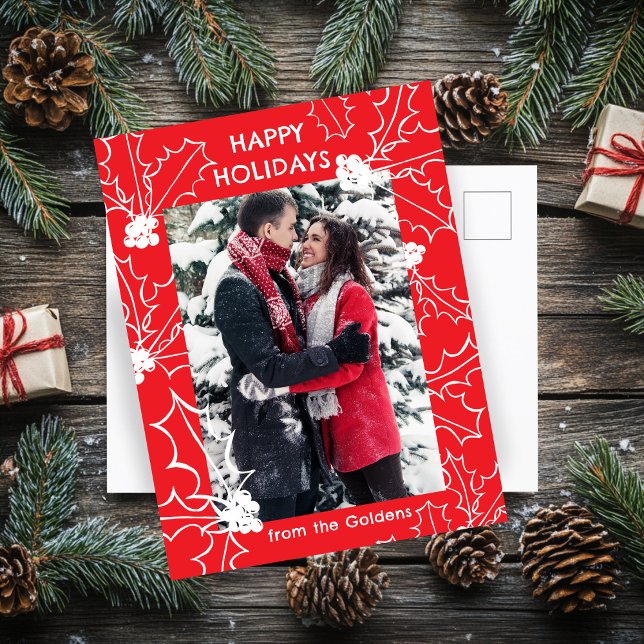 Tarjeta postal de la foto del PERSONALIZADO de los (Holly Berries Red Christmas CUSTOM PHOTO Postcard
)