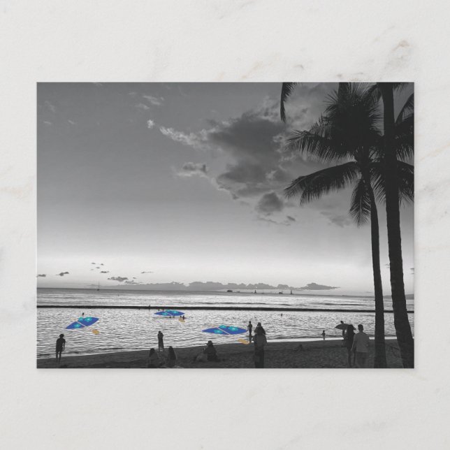 Tarjeta postal de la playa de Hawái y palmeras (Anverso)