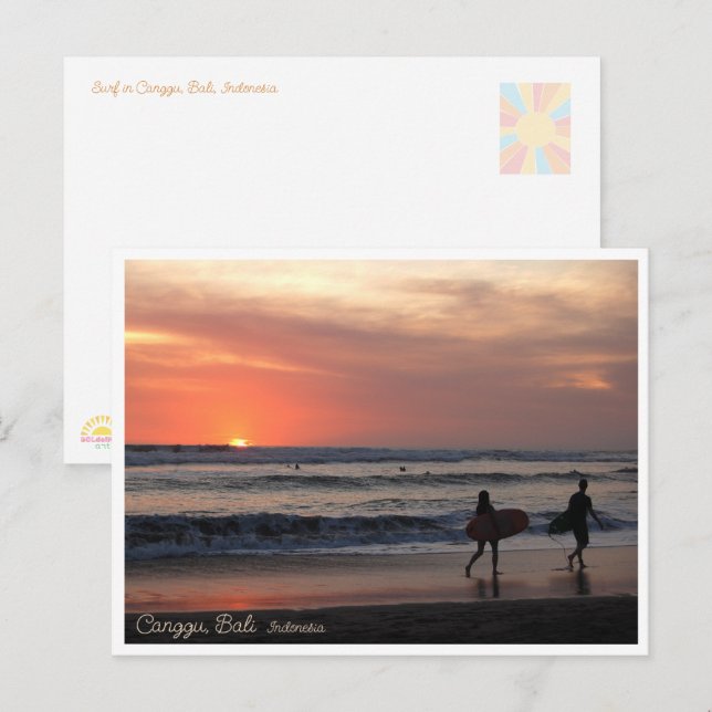 Tarjeta postal de la playa de Sunset Surf en Bali, (Anverso / Reverso)
