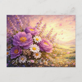 Tarjeta postal de la puesta de sol de peonía y flo
