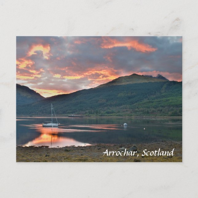 Tarjeta postal de la puesta de sol sobre Loch Long (Anverso)