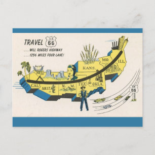 Tarjeta postal de la ruta 66 de Will Rogers