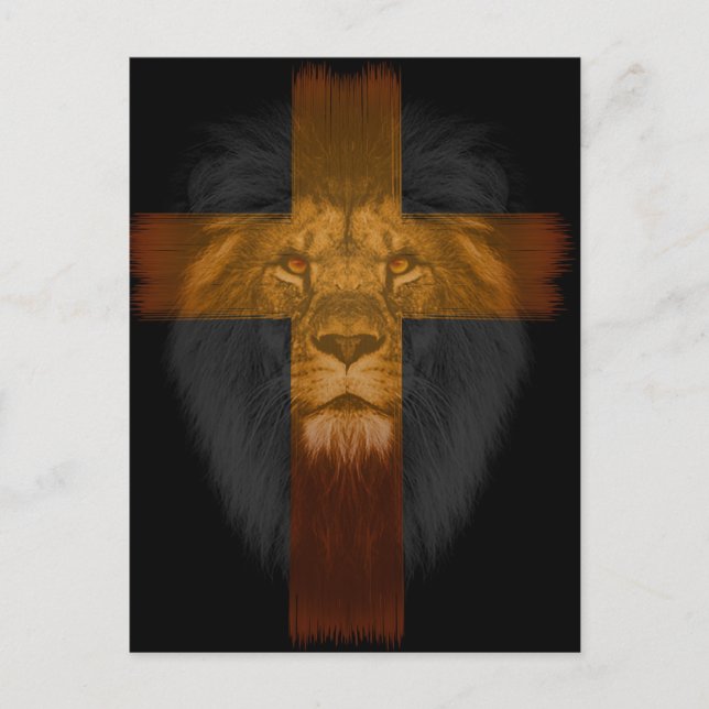 Tarjeta postal de león/cruz de fondo negro (Anverso)