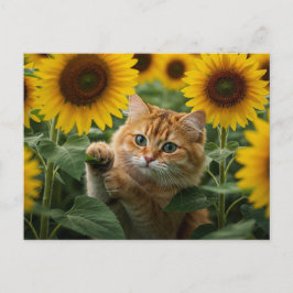 Tarjeta postal de lindo gato pelirrojo en girasole