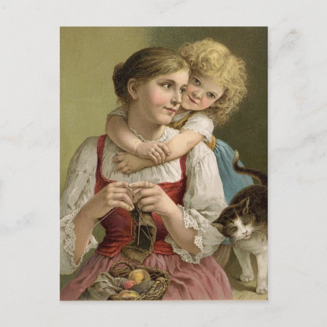 Tarjeta postal de madre tejiendo vintage (Anverso)