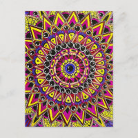 Tarjeta postal de mandala púrpura amarillo con láp