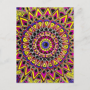 Tarjeta postal de mandala púrpura amarillo con láp