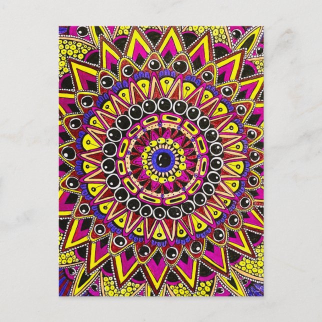 Tarjeta postal de mandala púrpura amarillo con láp (Anverso)