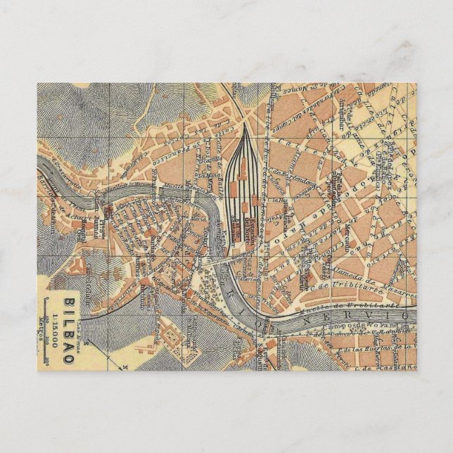 Tarjeta postal de mapa antiguo de Bilbao España (Anverso)