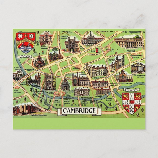 Tarjeta postal de mapa antiguo de Cambridge (Anverso)