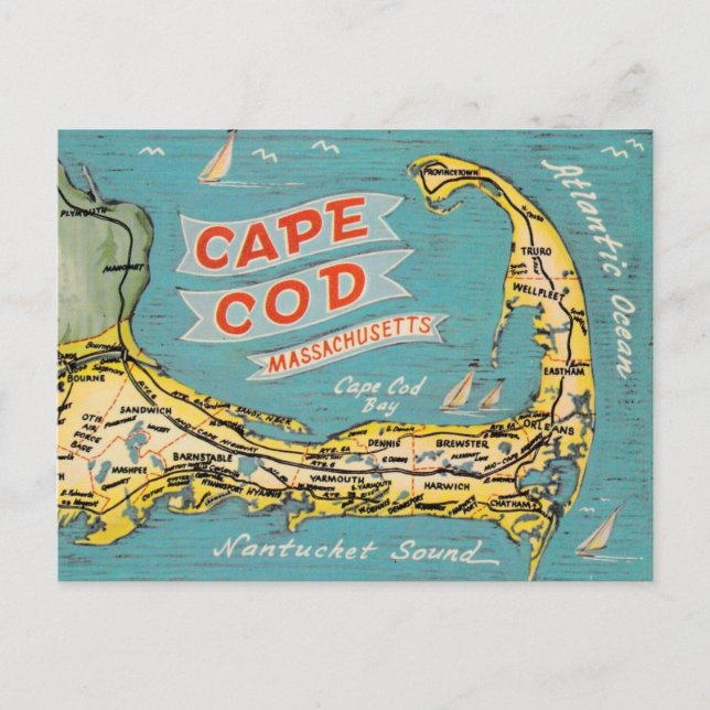 Tarjeta postal de mapa antiguo de Cape Cod (Anverso)