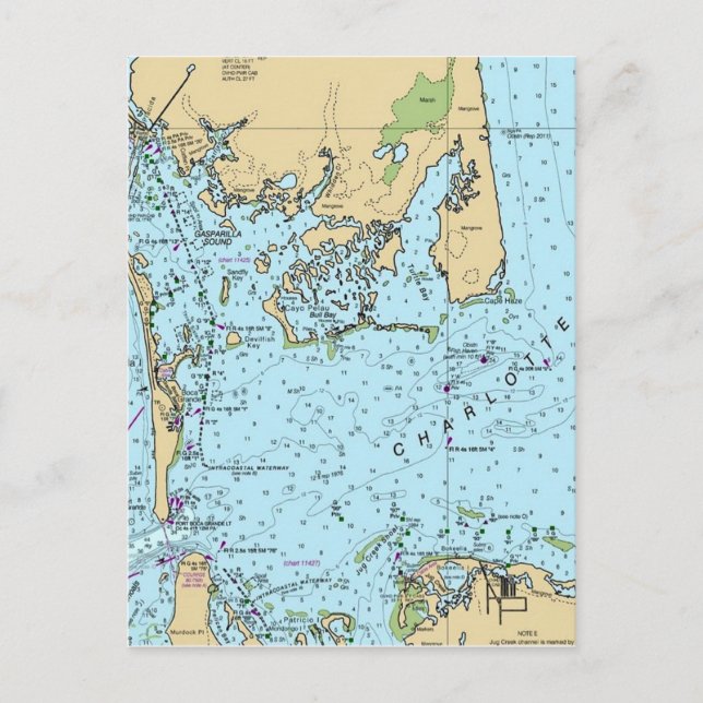 Tarjeta postal de mapa antiguo de Charlotte Harbor (Anverso)