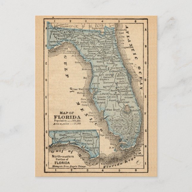 Tarjeta postal de mapa antiguo de Florida (Anverso)