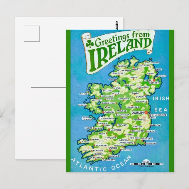 Tarjeta postal de mapa antiguo de Irlanda (Anverso / Reverso)
