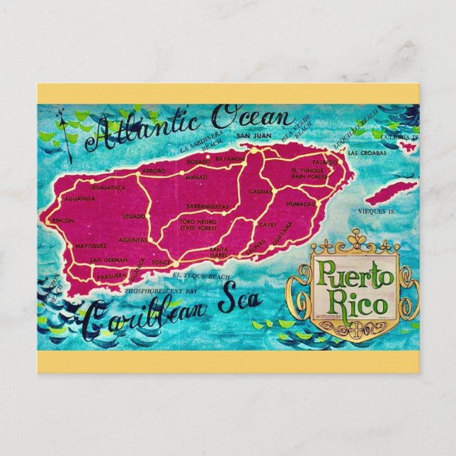 Tarjeta postal de mapa antiguo de la isla de Puert (Anverso)
