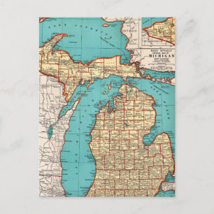 Tarjeta postal de mapa antiguo de Michigan State