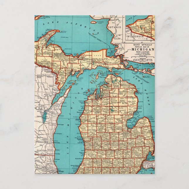 Tarjeta postal de mapa antiguo de Michigan State (Anverso)